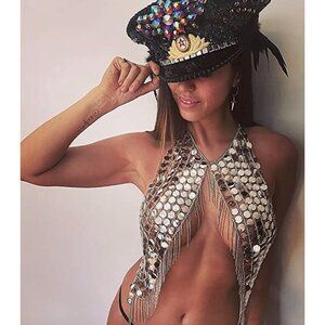 Silver Holographic AB Sequin Chain Tassel Body Jewelry‎ Rave Halter Crop Top